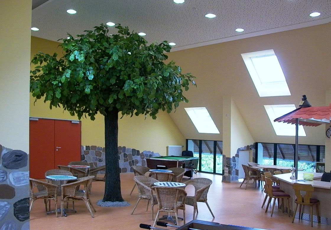 Heller Gruppenraum mit Baum-Installation unter Dachfenstern